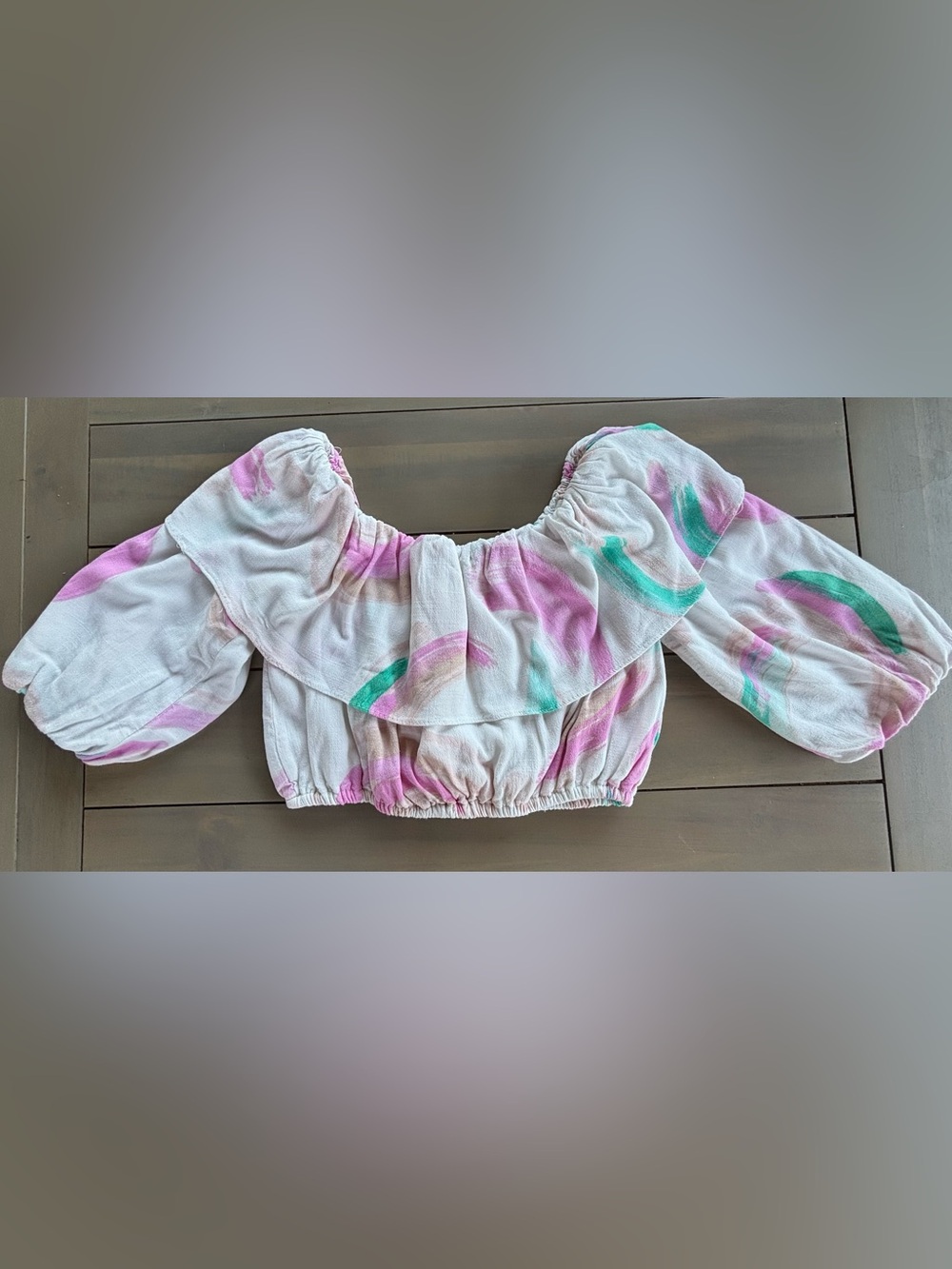 Gianni Bini Pink, Green & Cream Watercolor Off-Shoulder Crop Top